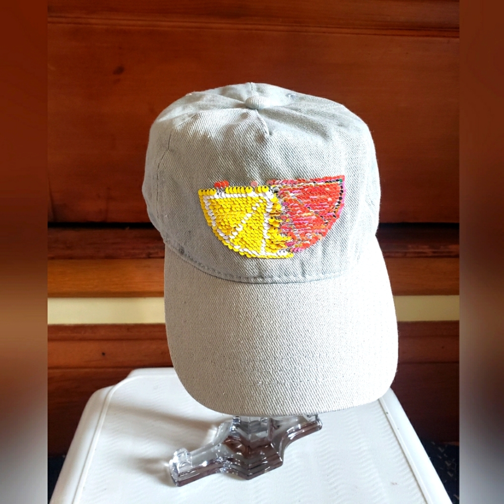 GUC Kids Girls Gray Cap Hat with Reversible Flip Sequin Fruit Design Orange Lemo